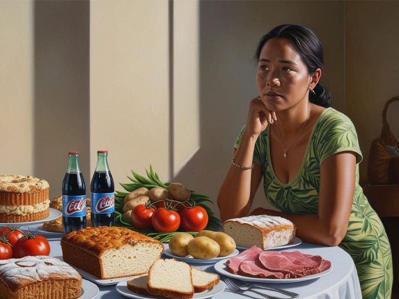 LM-five-worst-foods-arthritis woman in thoughtful mood near a table of the 5 worst food for arthritis